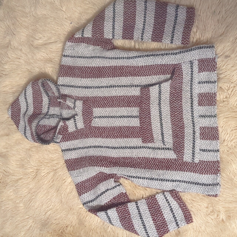 Baja Joe Mexican Baja Hoodie in a maroon, gray, and black striped pattern